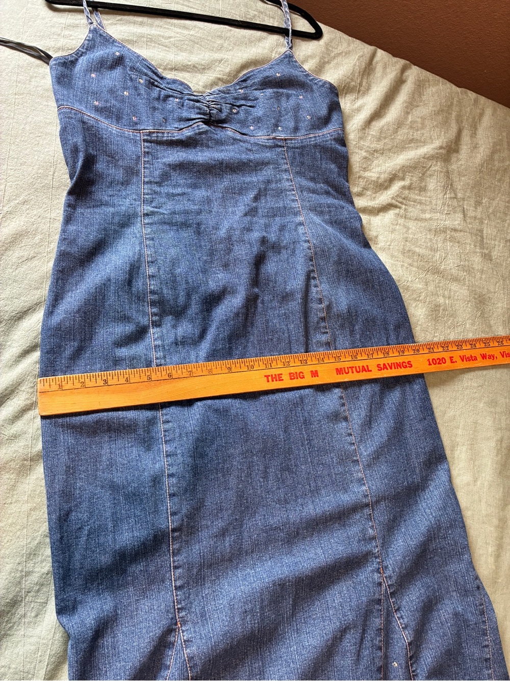 Vintage Y2K Stretch Denim Mermaid Hem Rhinestone Embellished Maxi Dress - Picture 11 of 12